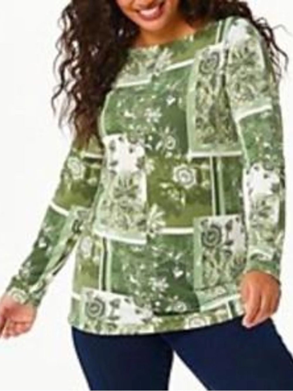 Denim & Co. Womn L Long Sleeve Green Printed Heavenly Jersey Boat Neck Tunic Top